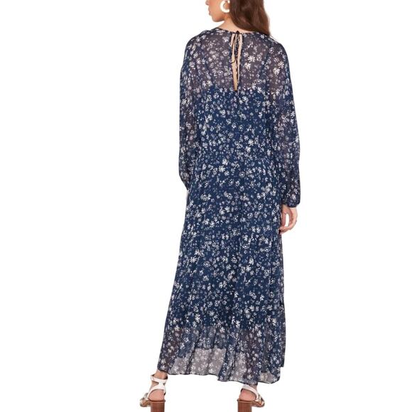 Free People Navy White Floral Long Sleeve Back Tie Blouson Bohemian Midi Dress - Picture 2 of 16